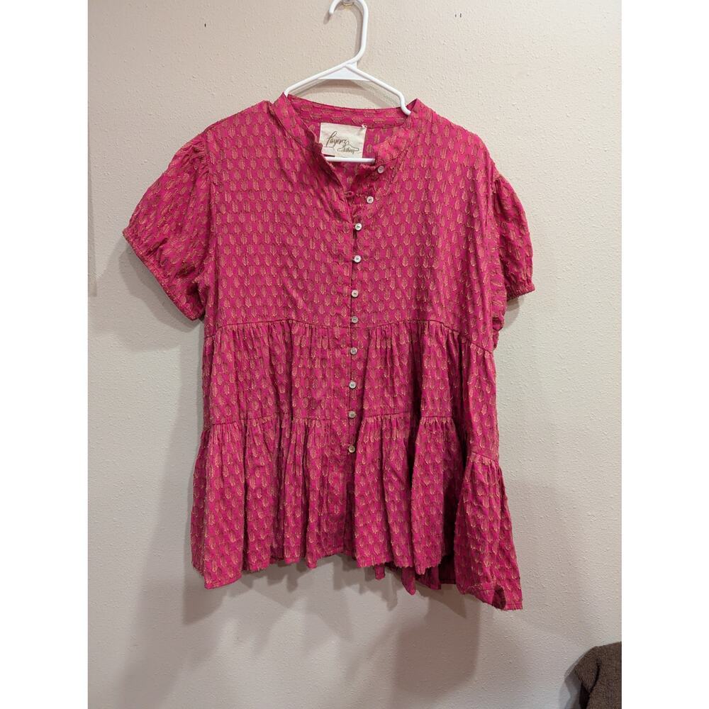 Pretty pink puffed sleeve babydoll top w/feather embroidery, Layerz Clothing, XL